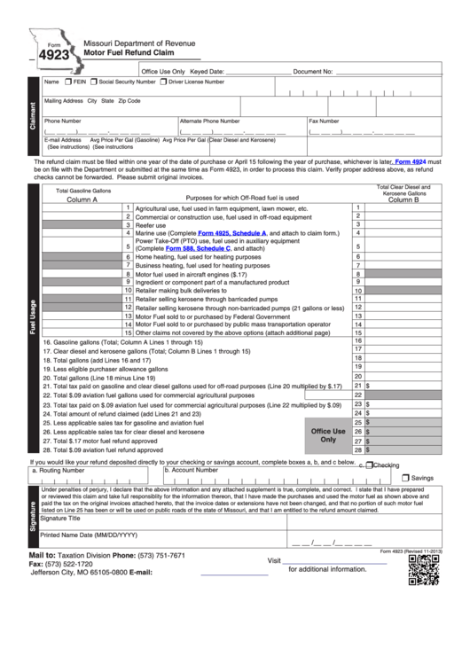 Fillable Form 4923 - Motor Fuel Refund Claim Printable pdf