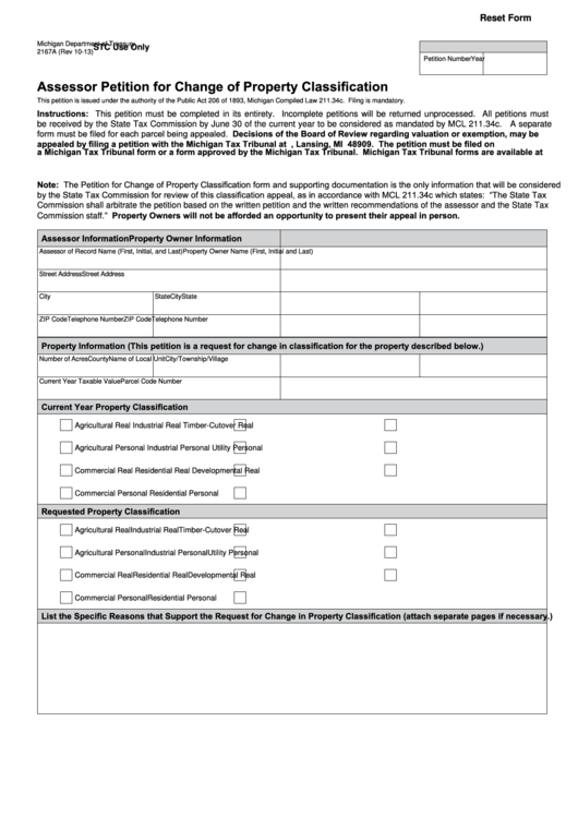 Fillable Form 2167a - Assessor Petition For Change Of Property Classification Printable pdf