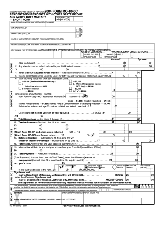 Form Mo-1040c - Residents/nonresidents With Other State Income And Active Duty Military - Short Form - 2004 Printable pdf
