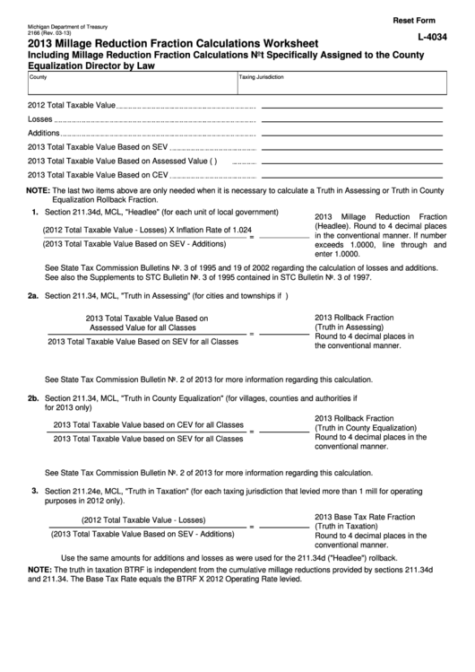 Fillable Form 2166 - Millage Reduction Fraction Calculations Worksheet - 2013 Printable pdf