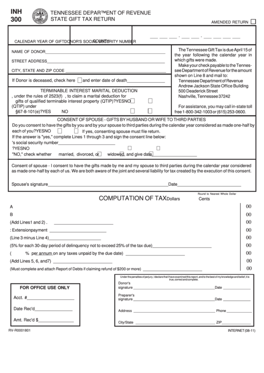 Fillable Form Inh 300 - State Gift Tax Return Printable pdf