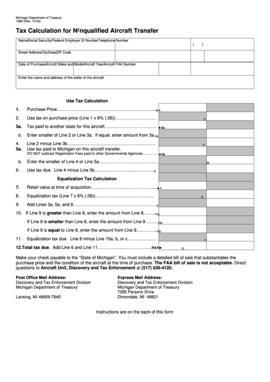 Form 1989 - Tax Calculation For Nonqualified Aircraft Transfer Printable pdf