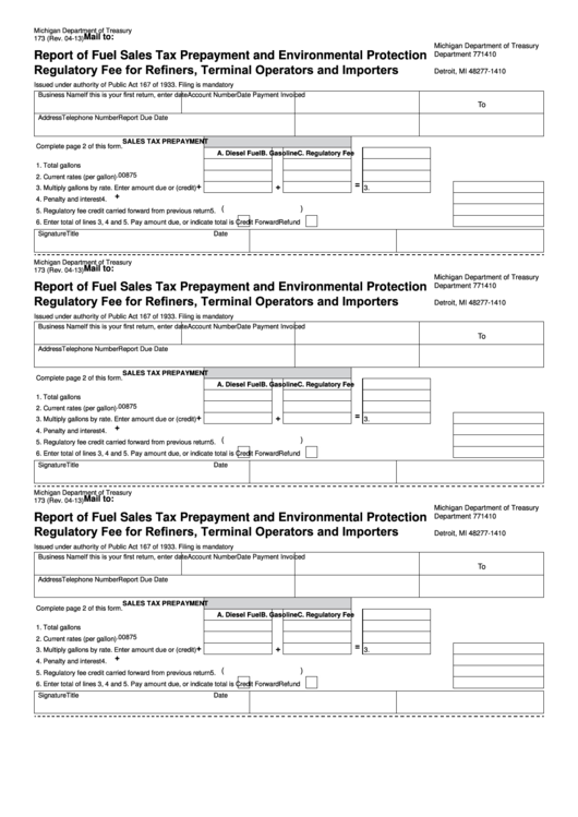 Fillable Form 173 - Report Of Fuel Sales Tax Prepayment And Environmental Protection Regulatory Fee For Refinders, Terminal Operators And Importers Printable pdf