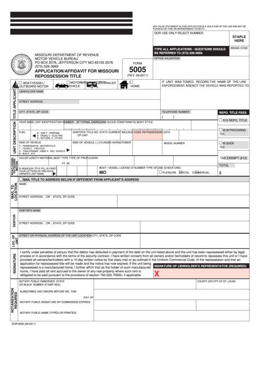 Fillable Form 5005 - Application/affidavit For Missouri Repossession Title Printable pdf