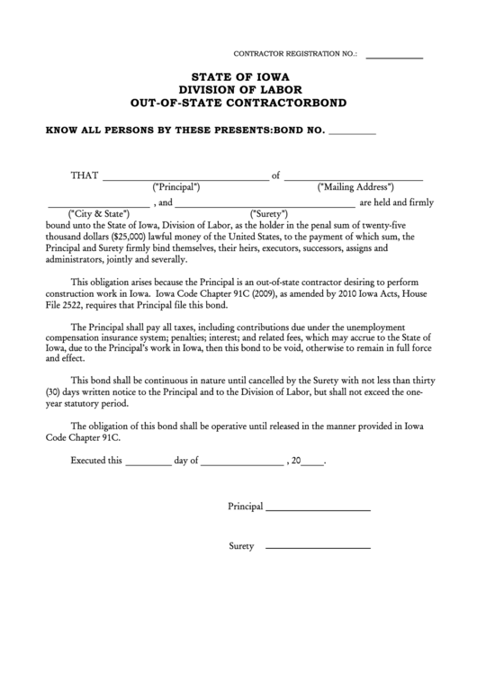 Out-Of-State Contractor Bond Form - State Of Iowa Division Of Labor Printable pdf