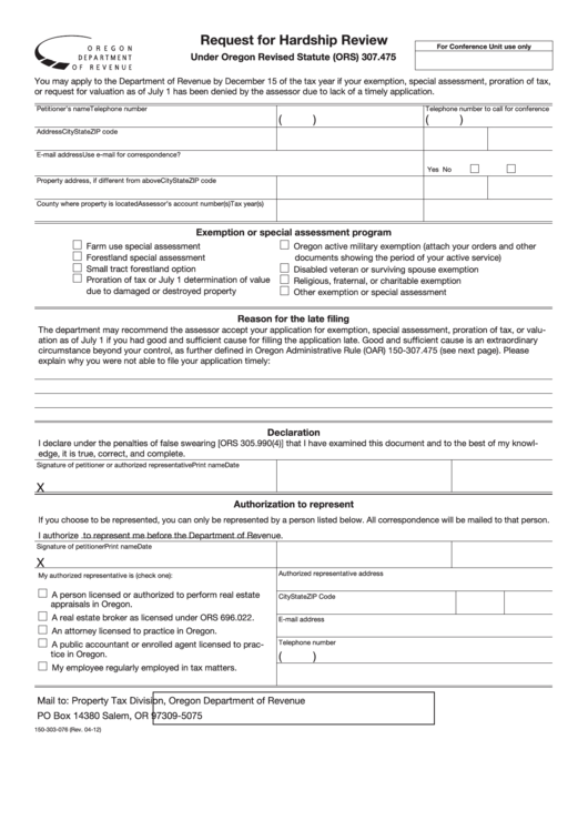Fillable Form 150-303-076 - Request For Hardship Review Printable pdf