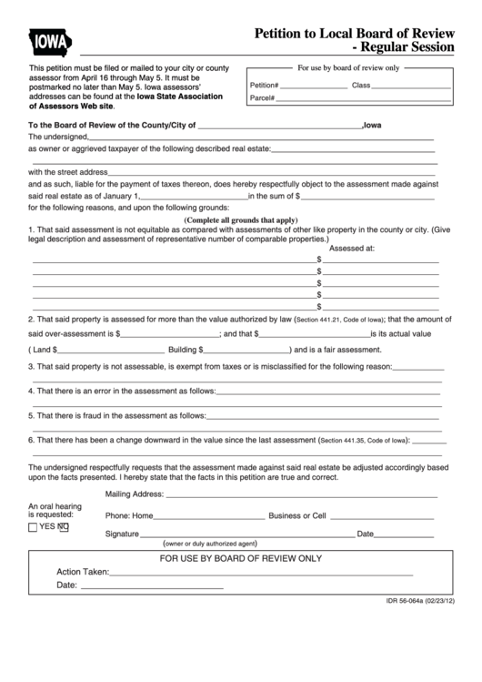 Form Idr 56-064a - Petition To Local Board Of Review - Regular Session Printable pdf