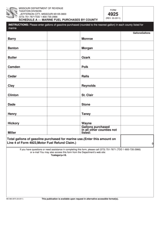 Fillable Form 4925 - Schedule A - Marine Fuel Purchases By County Printable pdf