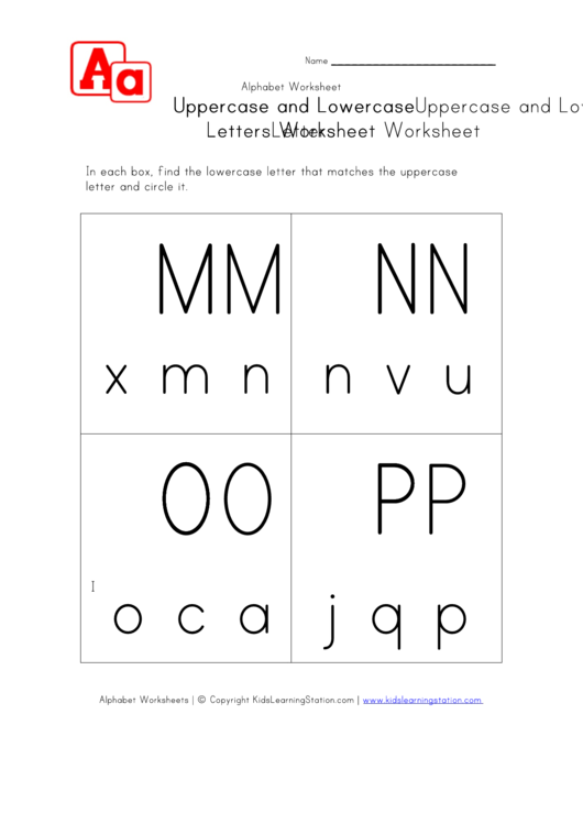Matching Uppercase And Lowercase Letters Worksheet - M To P - In Boxes Printable pdf