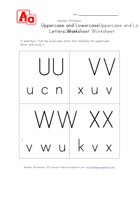 Matching Uppercase And Lowercase Letters Worksheet - U To X - In Boxes Printable pdf