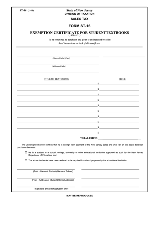 Fillable Form St-16 - Exemption Certificate For Student Textbooks Printable pdf