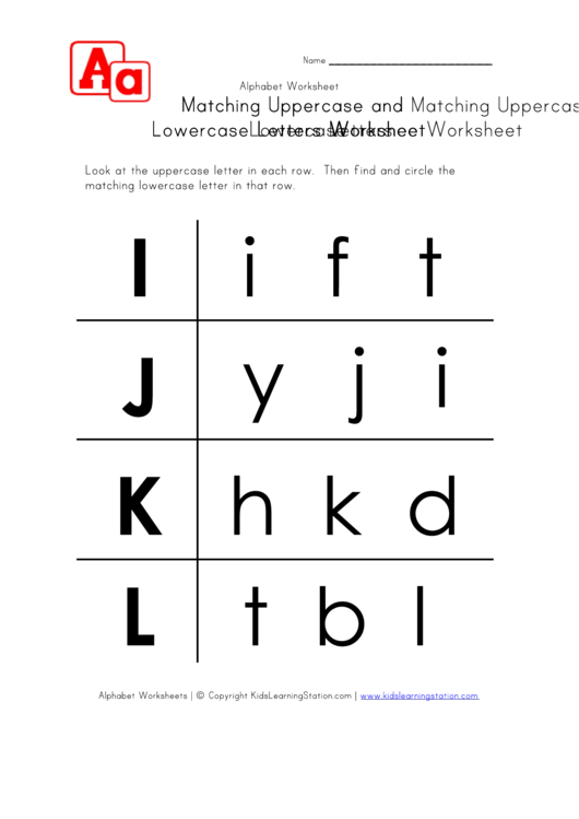 Matching Uppercase And Lowercase Letters Worksheet - I To L - In Rows Printable pdf