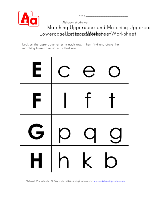 Matching Uppercase And Lowercase Letters Worksheet - E To H - In Rows Printable pdf