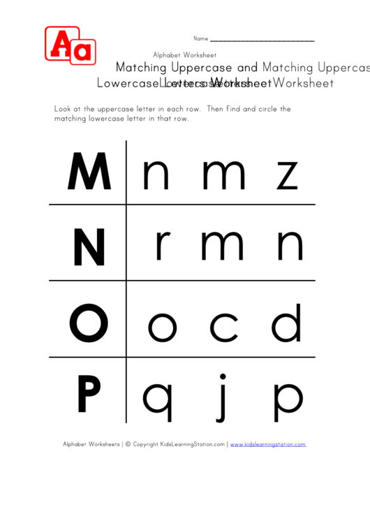 Matching Uppercase And Lowercase Letters Worksheet - M To P - In Rows Printable pdf