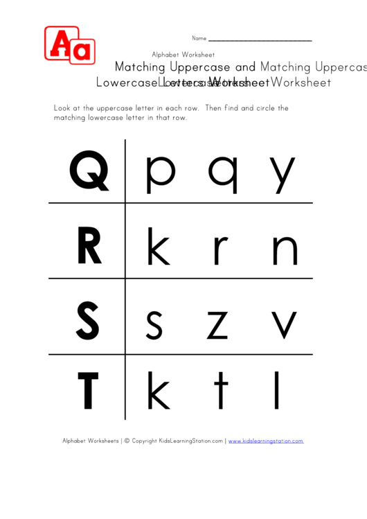 Matching Uppercase And Lowercase Letters Worksheet - Q To T - In Rows Printable pdf