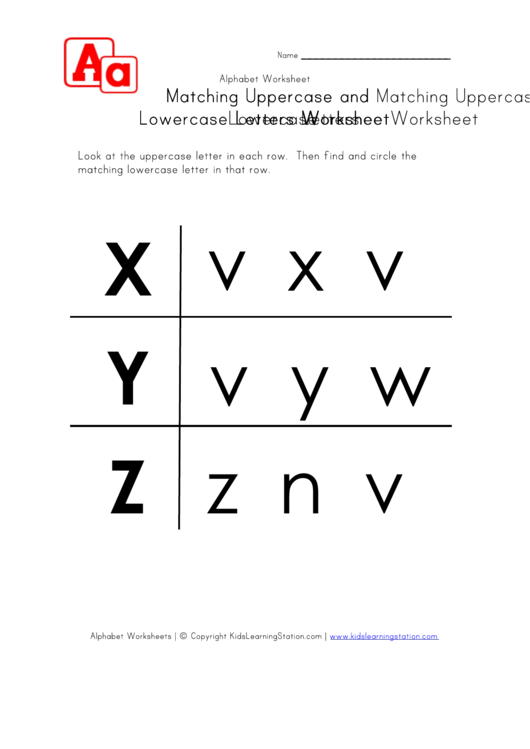 Matching Uppercase And Lowercase Letters Worksheet - X To Z - In Rows Printable pdf