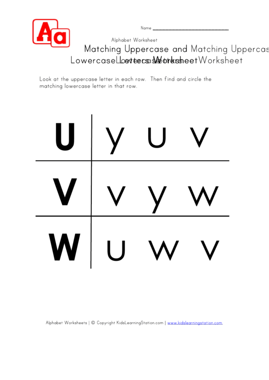Matching Uppercase And Lowercase Letters Worksheet - U To W - In Rows Printable pdf