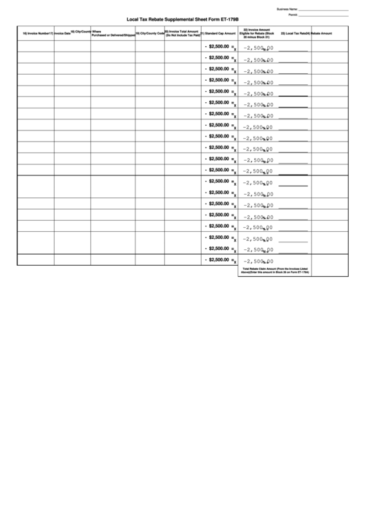 Fillable Form Et-179b - Local Tax Rebate Supplemental Sheet Printable pdf
