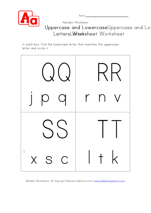 Matching Uppercase And Lowercase Letters Worksheet - Q To T - In Boxes Printable pdf