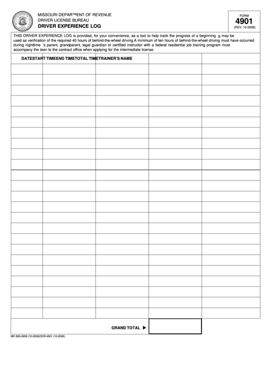 Fillable Form 4901 - Driver Experience Log Printable pdf