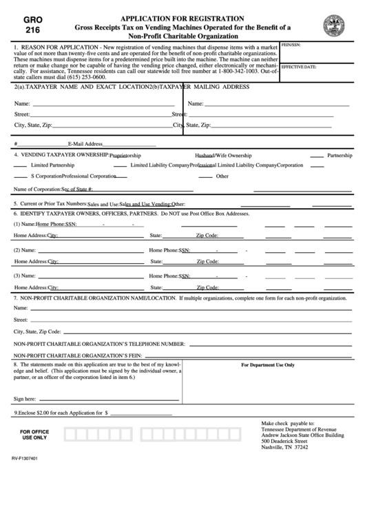 Form Gro 216 - Application For Registration - Gross Receipts Tax On Vending Machines Operated For The Benefit Of A Non-Profit Charitable Organization Printable pdf