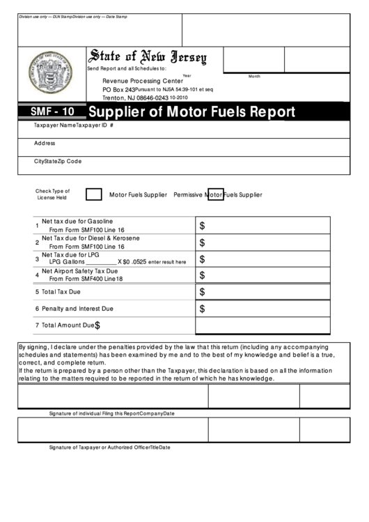 Fillable Form Smf-10 - Supplier Of Motor Fuels Report Printable pdf