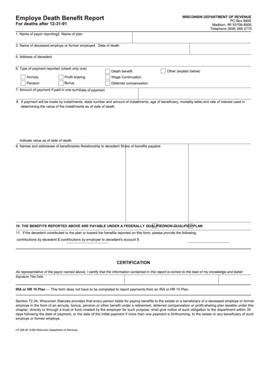 Form Ht-209 - Employe Death Benefit Report - Wisconsin Department Of Revenue Printable pdf