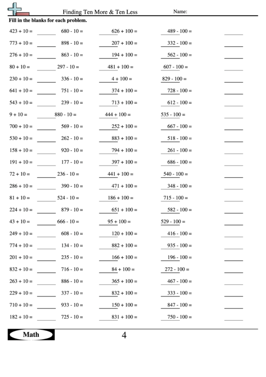 Finding Ten More And Ten Less - Math Worksheet With Answers printable ...