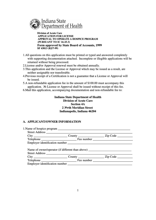 Fillable Form Sf 43813 - Application For License Approval To Operate A Hospice Program - Indiana Department Of Health Printable pdf