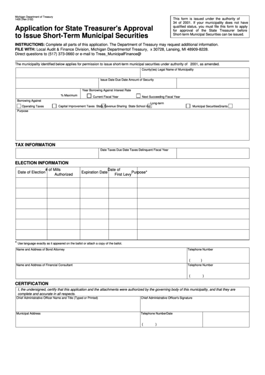 Fillable Form 1435 - Application For State Treasurer