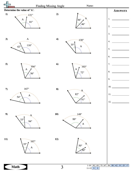 Finding Missing Angle - Geometry Worksheet With Answers Printable pdf