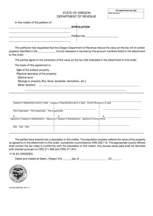 Fillable Form 150-303-065 - County Assessor Stipulation Printable pdf