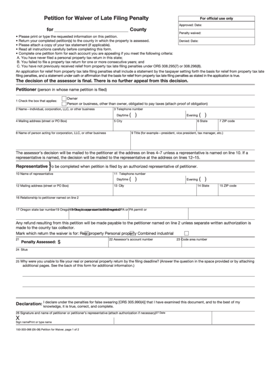 Form 150-303-066 - Petition For Waiver Of Late Filing Penalty Printable pdf