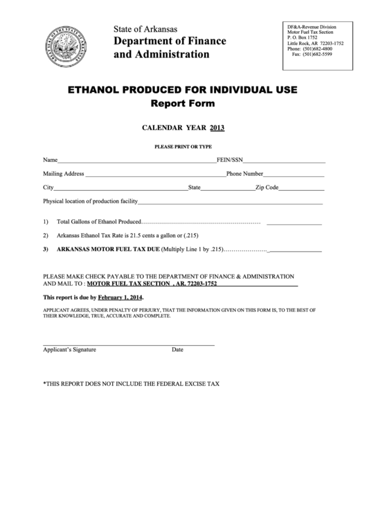 Fillable Ethanol Produced For Individual Use Report Form - 2013 Printable pdf