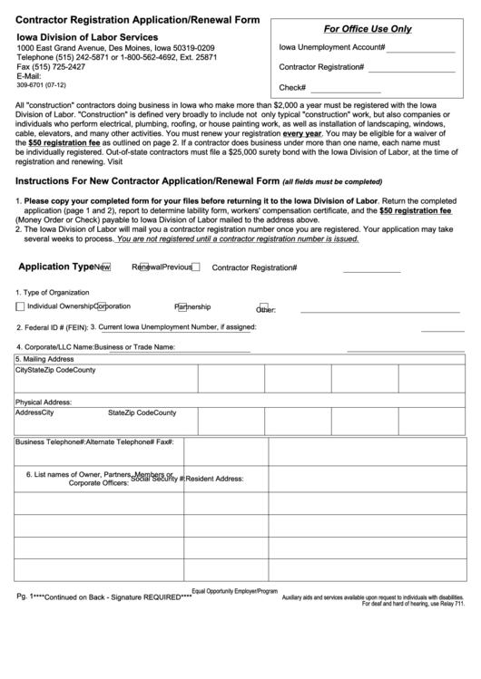 Fillable Form 309-6701 - Contractor Registration Application/renewal Form/form 60-0126 - Report To Determine Liability Printable pdf