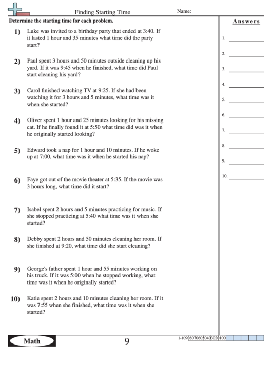 Finding Starting Time - Measurement Worksheet With Answers Printable pdf