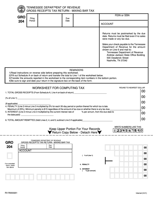 Fillable Form Gro 204 - Gross Receiprs Tax Return - Mixing Bar Tax Printable pdf