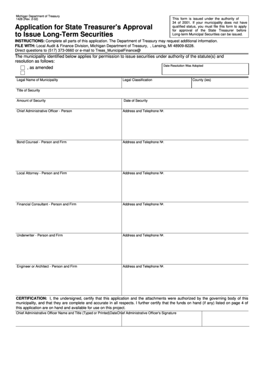 Fillable Form 1428 - Application For State Treasurer
