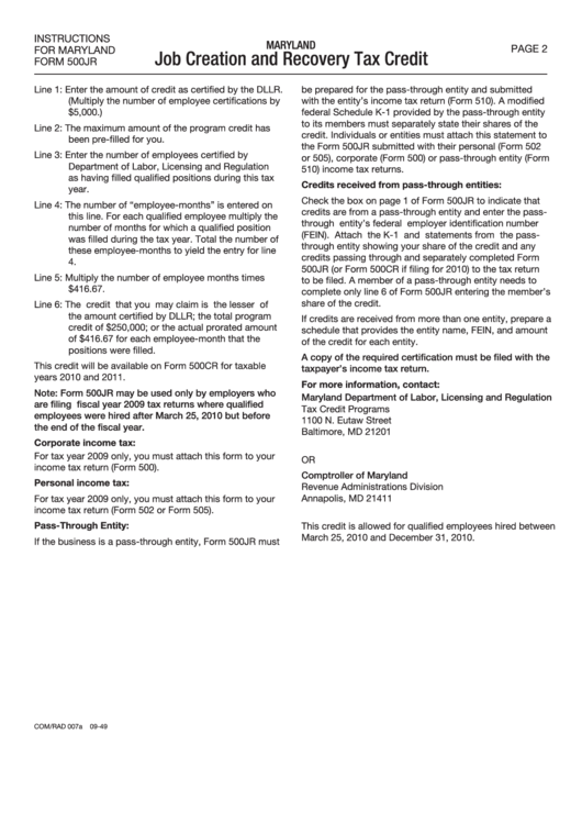 Form Com/rad 007a - Instructions For Maryland Form 500jr - Job Creation And Recovery Tax Credit Printable pdf