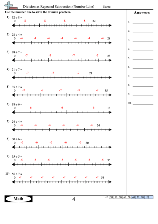 Division As Repeated Subtraction (Number Line) - Division Worksheet With Answers Printable pdf