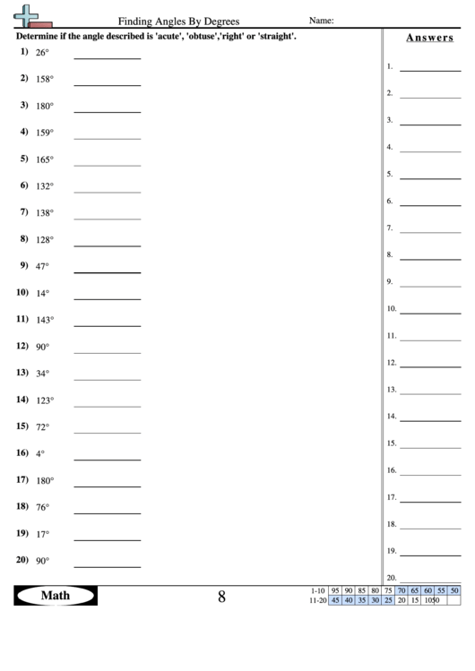 Finding Angles By Degrees - Geometry Worksheet With Answers Printable pdf