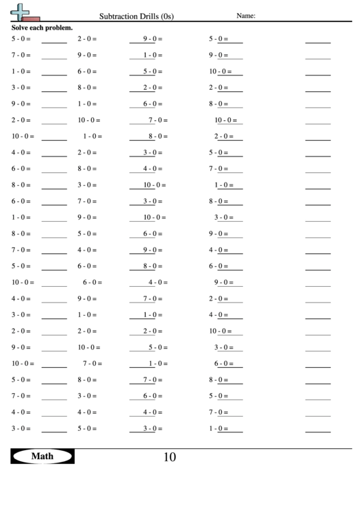 Subtraction Drills (0s) - Subtraction Worksheet With Answers Printable pdf