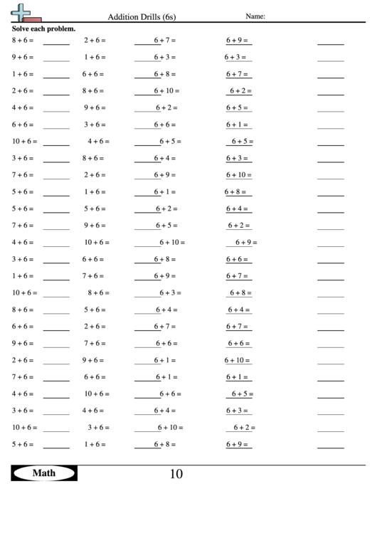 Addition Drills (6s) - Addition Worksheet With Answers Printable pdf