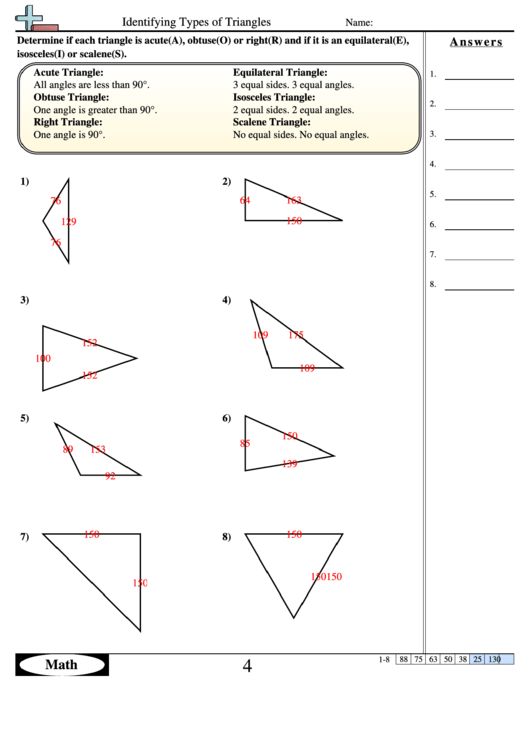 Identifying Types Of Triangles - Geometry Worksheet With Answers Printable pdf