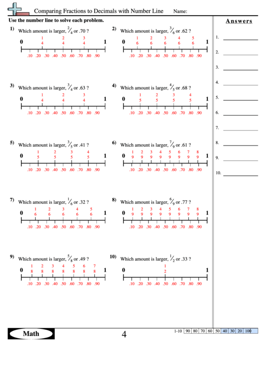 Comparing Fractions To Decimals With Number Line - Fraction Worksheet With Answers Printable pdf