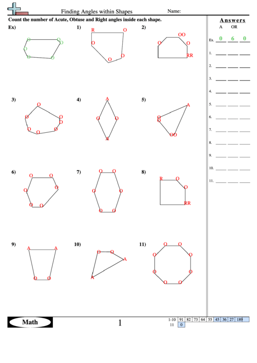 Finding Angles Within Shapes - Geometry Worksheet With Answers Printable pdf