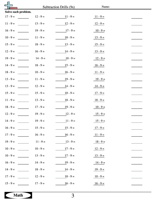 Subtraction Drills (9s) - Subtraction Worksheet With Answers Printable pdf