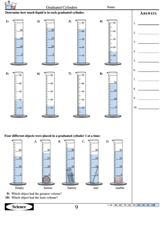 Graduated Cylinders - Measurement Worksheet With Answers printable pdf