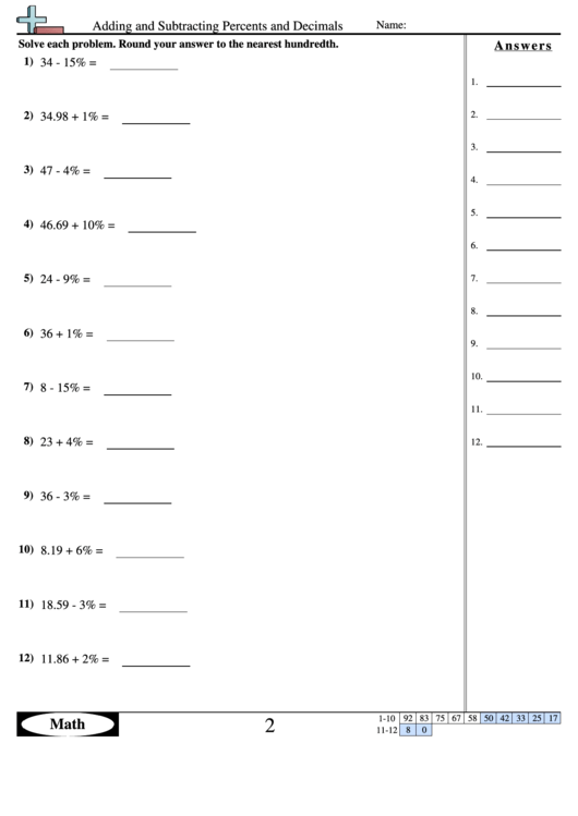 Adding And Subtracting Percents And Decimals - Math Worksheet With Answers Printable pdf