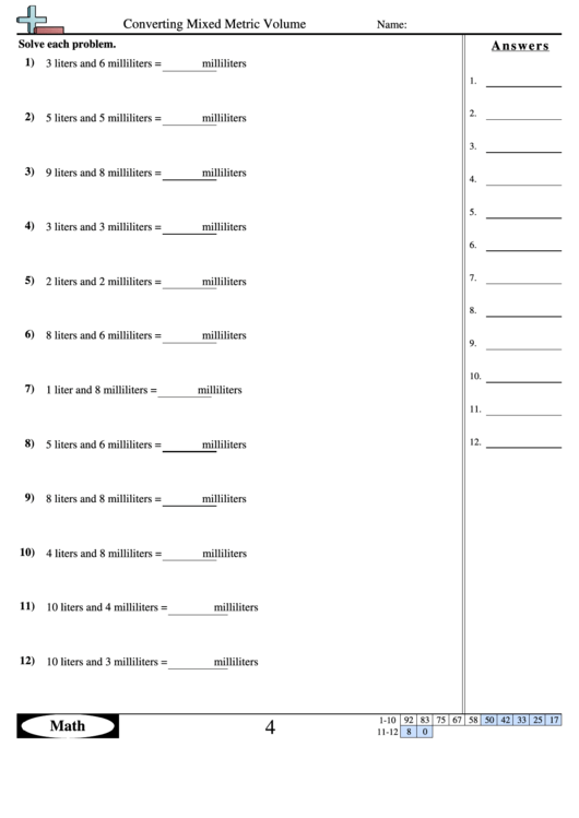 Converting Mixed Metric Volume - Measurement Worksheet With Answers Printable pdf